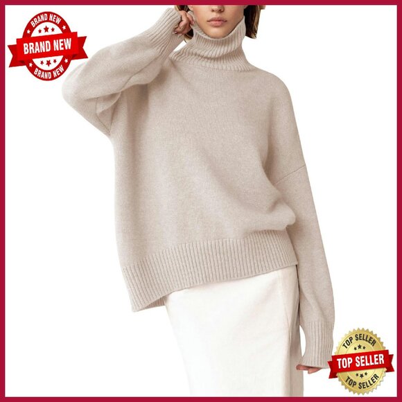 Chunky Knit Turtleneck Sweater High Low Hem Oversized Pullover Women's